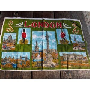 VINTAGE COTTON LINEN TEA TOWEL WITH LONDON ATTRACTIONS Avacado Green And Red